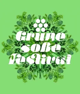 Logo des Grünen Soße Festivals Frankfurt mit Kräuterkranz und zentraler Schrift in Weiß, im Kontext der Veranstaltung mit Mirja Regensburg.